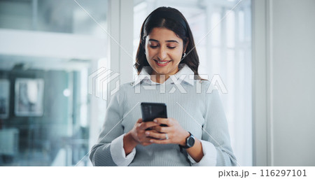 Business woman, hands and typing with phone for communication, research or browsing at office. Corporate secretary, employee and mobile smartphone for online chat, texting or app at workplace 116297101