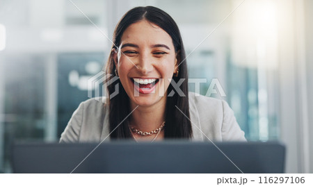 Business, woman and laughing with laptop in office for funny project management feedback and comic website review. Web designer, employee and happy with technology for planning and comedy on break 116297106