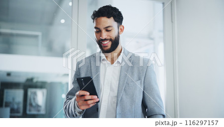Communication, smile and businessman text with smartphone in office for networking, email and corporate discussion. Male person, mobile message or company social media post for project and consulting Communication, smile and businessman text with smartphone in office for networking, email and corporate discussion. Male person, mobile message or company social media post for project and consulting 116297157