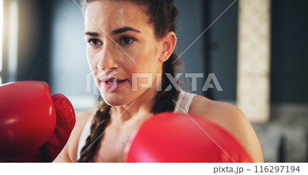 Woman, fitness and boxing in gym for training, self defense and exercise for development. Power workout, gloves and female athlete with equipment for sport, sweating and fighting with hard work Woman, fitness and boxing in gym for training, self defense and exercise for development. Power workout, gloves and female athlete with equipment for sport, sweating and fighting with hard work 116297194