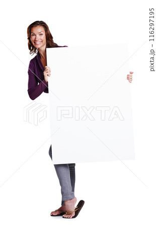 Billboard, portrait and happy woman in studio for promotion, branding and mockup space. Blank poster, female person and smile or pride for review, choice and presentation or news by white background 116297195