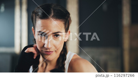 Face, gym and boxing with training, woman and practice for match and sports with endurance. Challenge, fighter or boxer with workout or girl in wellness centre or progress with health and fitness 116297266