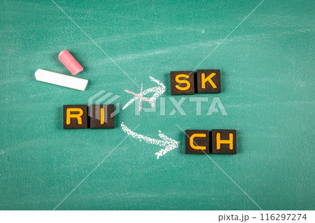 Rich Concept. Old letter tiles on a green chalkboard background Rich Concept. Old letter tiles on a green chalkboard background 116297274