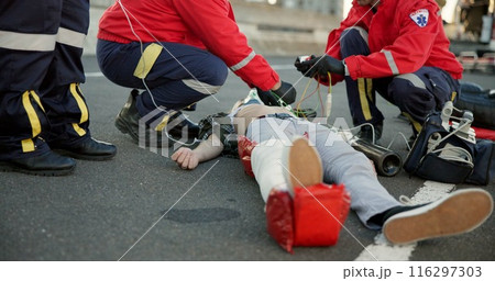 EMS, hands and paramedic with patient, outdoor and accident, injury and service of transport for healthcare. Rescue, ambulance and helping of person, pulse oximeter and check of oxygen and breathing EMS, hands and paramedic with patient, outdoor and accident, injury and service of transport for healthcare. Rescue, ambulance and helping of person, pulse oximeter and check of oxygen and breathing 116297303