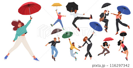 Diverse Group Of People Character Flying In The Air Using Colorful Umbrellas. Cartoon Vector The Image 116297342