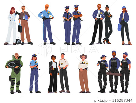 Set Of Police Officers And Law Enforcement Personnel, Including Detectives, Swat Team Members, Forensic Scientists Set Of Police Officers And Law Enforcement Personnel, Including Detectives, Swat Team Members, Forensic Scientists 116297344