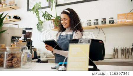 Woman, cafe and barista with order on tablet for sale, ecommerce and service at coffee shop. Female person, networking and waitress with technology for website, communication or online menu update Woman, cafe and barista with order on tablet for sale, ecommerce and service at coffee shop. Female person, networking and waitress with technology for website, communication or online menu update 116297345