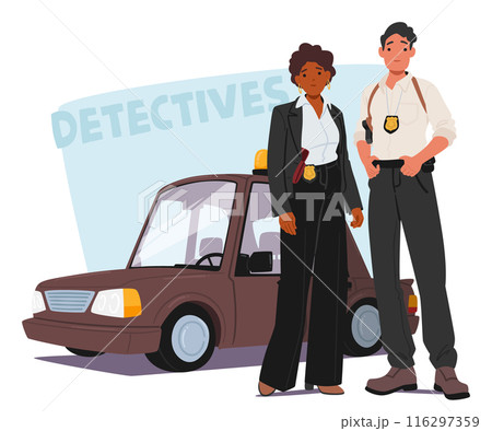 Cartoon Male And Female Detective Standing Confidently By A Police Car. Characters Wear Badges And Professional Attire Cartoon Male And Female Detective Standing Confidently By A Police Car. Characters Wear Badges And Professional Attire 116297359