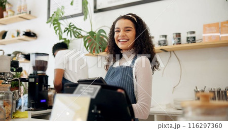 Woman, cafe and face of barista with tablet for online order, ecommerce or service at coffee shop. Female person, smile and waitress with tech for small business, networking or digital update of menu 116297360