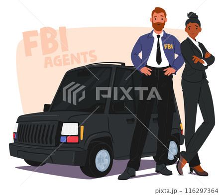 Two Confident Fbi Agents Characters Standing With A Patrol Car. Vector Illustration Depicts Law Enforcement, Teamwork 116297364
