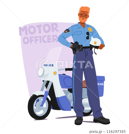 Confident Police Officer Stands Next To Police Motorcycle, Holding A Helmet. Character Showcases Enforcement, Authority Confident Police Officer Stands Next To Police Motorcycle, Holding A Helmet. Character Showcases Enforcement, Authority 116297385