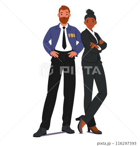 Two Fbi Agents Confidently Standing With Arms Folded. The Male Agent Is In Uniform While The Female Agent Is In A Suit Two Fbi Agents Confidently Standing With Arms Folded. The Male Agent Is In Uniform While The Female Agent Is In A Suit 116297393