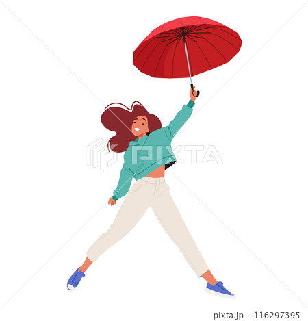 Joyful Young Woman Flying With A Red Umbrella. Female Character Wears Casual Clothing And Displays Delighted Expression Joyful Young Woman Flying With A Red Umbrella. Female Character Wears Casual Clothing And Displays Delighted Expression 116297395