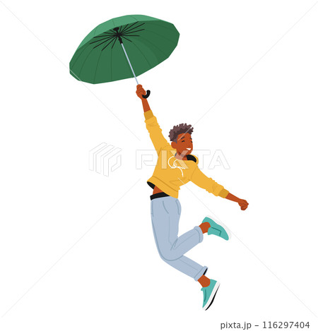 Joyful Person Flying With A Green Umbrella Conveys A Sense Of Freedom, Happiness, And Fun. Character Wears Yellow Hoodie Joyful Person Flying With A Green Umbrella Conveys A Sense Of Freedom, Happiness, And Fun. Character Wears Yellow Hoodie 116297404