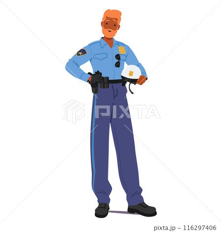 Cartoon Police Officer Standing Confidently In Uniform, Holding His Police Hat. Vector Image Evokes Feelings Of Law Cartoon Police Officer Standing Confidently In Uniform, Holding His Police Hat. Vector Image Evokes Feelings Of Law 116297406