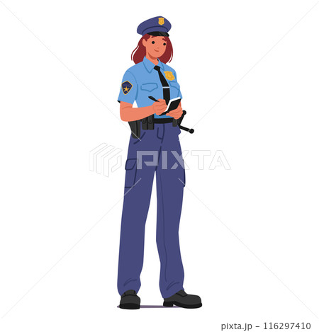Female Police Officer In Uniform Writing A Report On A Notepad. Female Character Appears Calm And Professional Female Police Officer In Uniform Writing A Report On A Notepad. Female Character Appears Calm And Professional 116297410