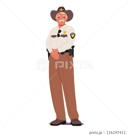 Vector Illustration Of A Country Sheriff In Uniform. Cartoon Character Features A Traditional Law Enforcement Appearance Vector Illustration Of A Country Sheriff In Uniform. Cartoon Character Features A Traditional Law Enforcement Appearance 116297411