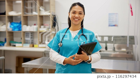 Happy woman, portrait and veterinarian with tablet for animal healthcare, shelter or emergency at clinic. Young asian, female person or veterinary with smile, stethoscope and technology at pet center 116297434