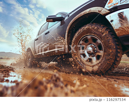 A rugged truck driving on a dirt road,...のイラスト素材 [116297534] - PIXTA