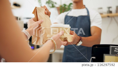 Barista, customer and takeaway coffee or hands or giving at counter as breakfast order, morning or espresso. Person, parcel and cafe shop or lunch beverage for small business food, latte or drink Barista, customer and takeaway coffee or hands or giving at counter as breakfast order, morning or espresso. Person, parcel and cafe shop or lunch beverage for small business food, latte or drink 116297592