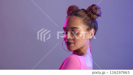 Fashion, woman and beauty with makeup, gen z and stylish clothes with confident model on studio background. Person, mockup space or girl with closed eyes, lights and streetwear with aesthetic or glow 116297663