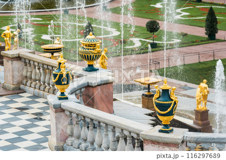 decorative vintage vases on the balustrade above the fountains in the Grand Cascade in Peterhof, Russia. 116297689