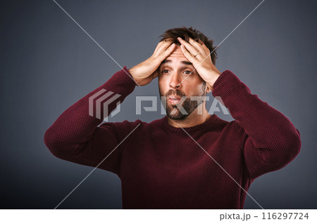 Shocked, man and reaction for news, studio and wow for gossip of secret, campaign drama and mockup. Gray background, person and surprise with hand or hearing of rumor of election results in Canada Shocked, man and reaction for news, studio and wow for gossip of secret, campaign drama and mockup. Gray background, person and surprise with hand or hearing of rumor of election results in Canada 116297724