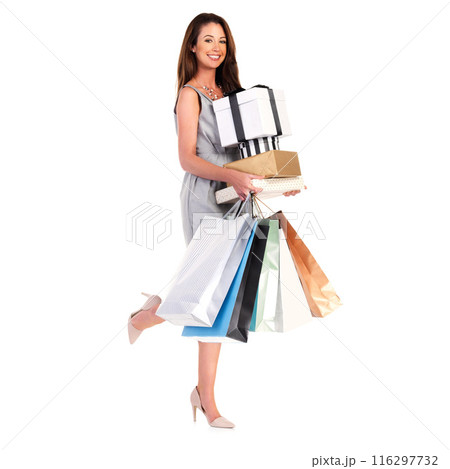 Woman, bags and excited with shopping in studio on white background for sale, discount and spend. Portrait, female person and happy as customer with retail prices, bargain and gifts or present Woman, bags and excited with shopping in studio on white background for sale, discount and spend. Portrait, female person and happy as customer with retail prices, bargain and gifts or present 116297732