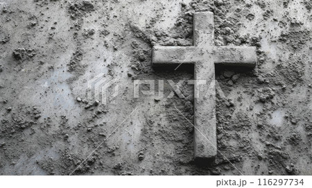 Ashes crucifix cross relief on concrete background. Ash Wednesday and Easter holiday concept Ashes crucifix cross relief on concrete background. Ash Wednesday and Easter holiday concept 116297734