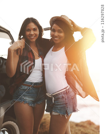 Road trip, summer and portrait of women at beach for holiday, vacation and bonding on weekend. Travel, nature and happy people by ocean with van for adventure, journey and relax together by sea Road trip, summer and portrait of women at beach for holiday, vacation and bonding on weekend. Travel, nature and happy people by ocean with van for adventure, journey and relax together by sea 116297828