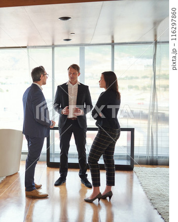 Teamwork, investor or business people for meeting, conversation or discussion for funding ideas. Group, talking or financial manager planning for growth, feedback report or project review in office 116297860