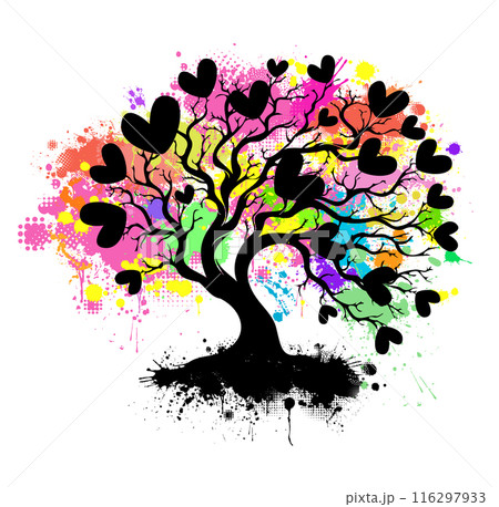 Tree with hearts and blots. hand drawing. Not AI. Happy Valentine's Day. Vector illustration. 116297933