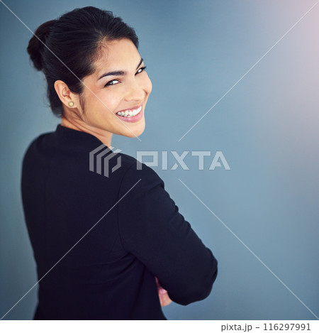 Studio, employee and face of woman, joy and professional with pride, USA and lawyer. Blue background, student and smile of person, internship and confident for law firm and financial advisor 116297991