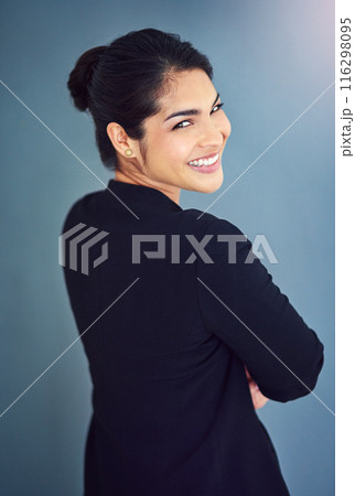 Studio, lawyer and face of woman, joy and professional with pride, USA and employee. Blue background, student and smile of person, internship and confident for law firm and financial advisor Studio, lawyer and face of woman, joy and professional with pride, USA and employee. Blue background, student and smile of person, internship and confident for law firm and financial advisor 116298095