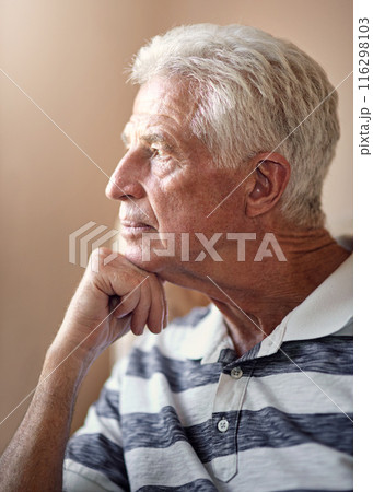 Dementia, elderly or man in nursing home thinking of memory, ideas and calm peace on living room. Daydreaming, remember and senior person with decision and nostalgia in retirement, lounge or home 116298103