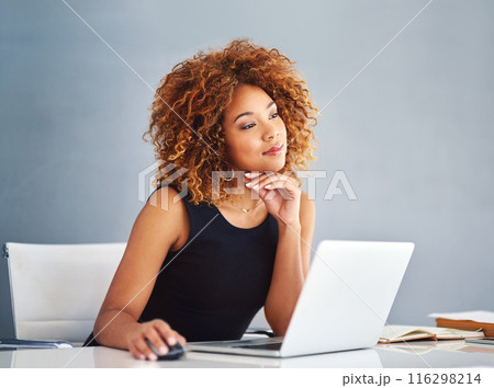 Business, thinking and woman with ideas, laptop and studio for online project, research or admin. Confidence, opportunity and consultant with computer, inspiration and professional on blue background 116298214