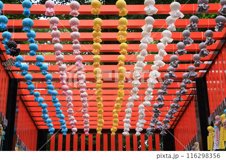 神社に飾られたたくさんのてるてる坊主 神社に飾られたたくさんのてるてる坊主 116298356