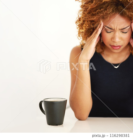 Black woman, headache and morning stress from work fail in studio with tired employee with burnout and mockup. Brain fog, fatigue and coffee with problem and mistake with worry and white background Black woman, headache and morning stress from work fail in studio with tired employee with burnout and mockup. Brain fog, fatigue and coffee with problem and mistake with worry and white background 116298381