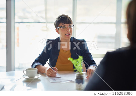 Notes, talking or businesswoman in meeting, discussion or collaboration for company or growth. Teamwork, review or budget analyst in office planning for writing, feedback report or project funding Notes, talking or businesswoman in meeting, discussion or collaboration for company or growth. Teamwork, review or budget analyst in office planning for writing, feedback report or project funding 116298390