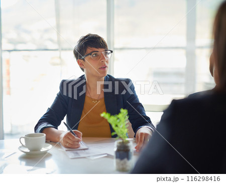 Notes, review or businesswoman in meeting, discussion or collaboration for company or growth. Teamwork, listening or budget analyst in office planning for writing, feedback report or project funding 116298416