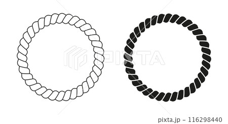Black and white round rope frames. Cord or thread, steel cable or hemp twine, jute circular borders. Design elements in yacht or nautical style. Vector graphic illustration 116298440
