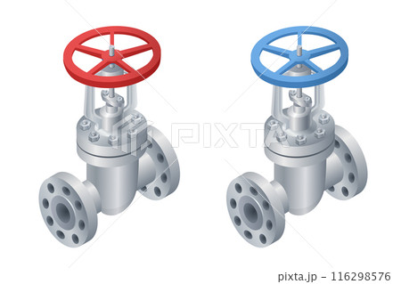Vector set of isometric illustrations of shutoff valve. Stop valve vector icon. Pipe fitting 116298576