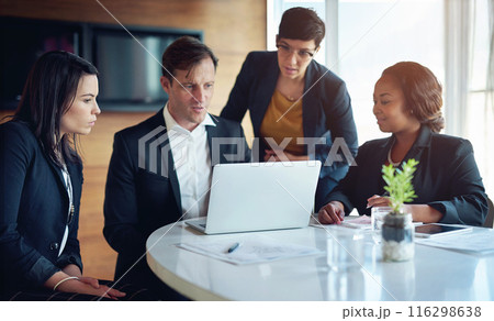 Business people, laptop and teamwork for brainstorming, planning for project and cooperation in modern office. Executive team, board members and computer for webinar, virtual meeting and feedback 116298638