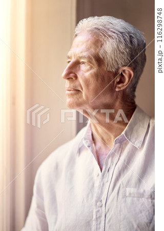 Senior man, home and reflection in chair with memories or thinking on retirement, break and chill. Thoughts, calm and relax or peaceful as elderly person with mindfulness, perspective and nostalgia 116298748