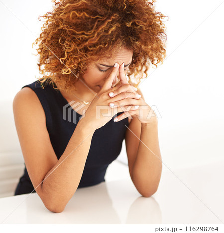 Black woman, headache and sad from fail in office with tired employee with burnout and anxiety. Brain fog, fatigue and working problem at desk with worry from public relations deadline at job 116298764