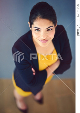 Studio, lawyer and portrait of woman, proud and professional with top view, legal and confidence. Blue background, student and smile of person, internship and career in law firm for financial advisor Studio, lawyer and portrait of woman, proud and professional with top view, legal and confidence. Blue background, student and smile of person, internship and career in law firm for financial advisor 116298790