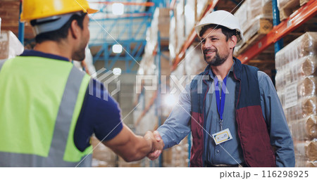 Men, handshake and warehouse for deal with logistics, smile and contract for global shipping company. People, shaking hands and happy for agreement, collaboration and supply chain for distribution 116298925