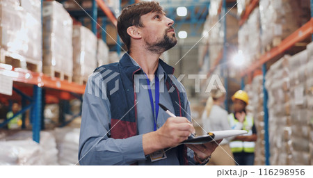 Logistics, distribution and man with clipboard in warehouse for stock inspection, inventory check or freight shipping. Export, checklist and employee for delivery, supply chain or quality control 116298956