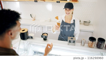 Woman, ice cream and customer with service, gelato and smile with giving dessert at restaurant. Helping, server and waitress with working in for vanilla, cone and snack at counter with staff 116298960
