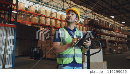 Warehouse, man and tablet in factory for logistics, orders and check inventory or stock. Male worker, digital technology and storage in shipping company for export, distribution and supply chain Warehouse, man and tablet in factory for logistics, orders and check inventory or stock. Male worker, digital technology and storage in shipping company for export, distribution and supply chain 116299026